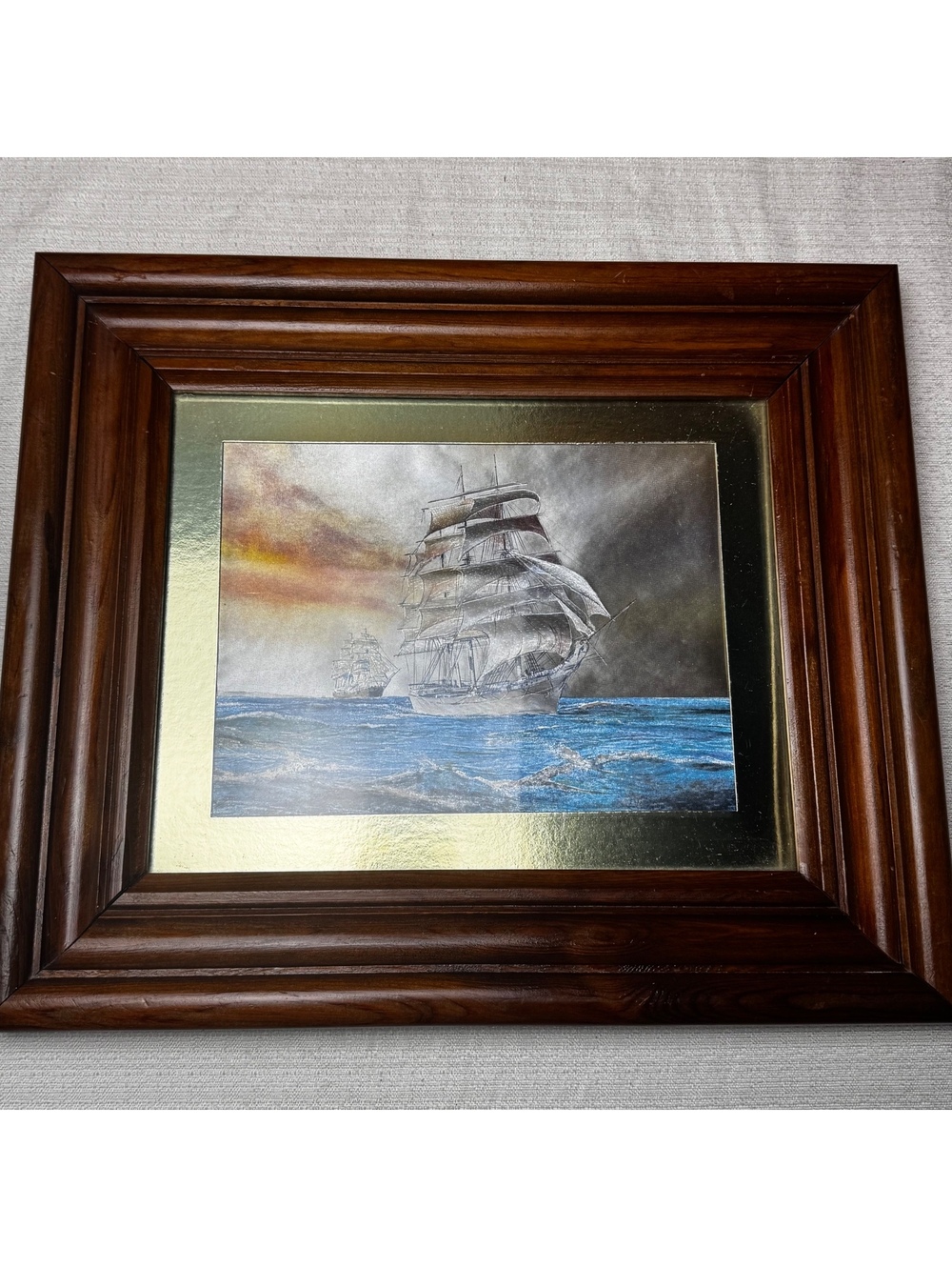 Vintage Framed Foil Art Sailing Ship Nautical Wall Decor 14 x 12 Inch Wood Frame - Picture 4 of 8